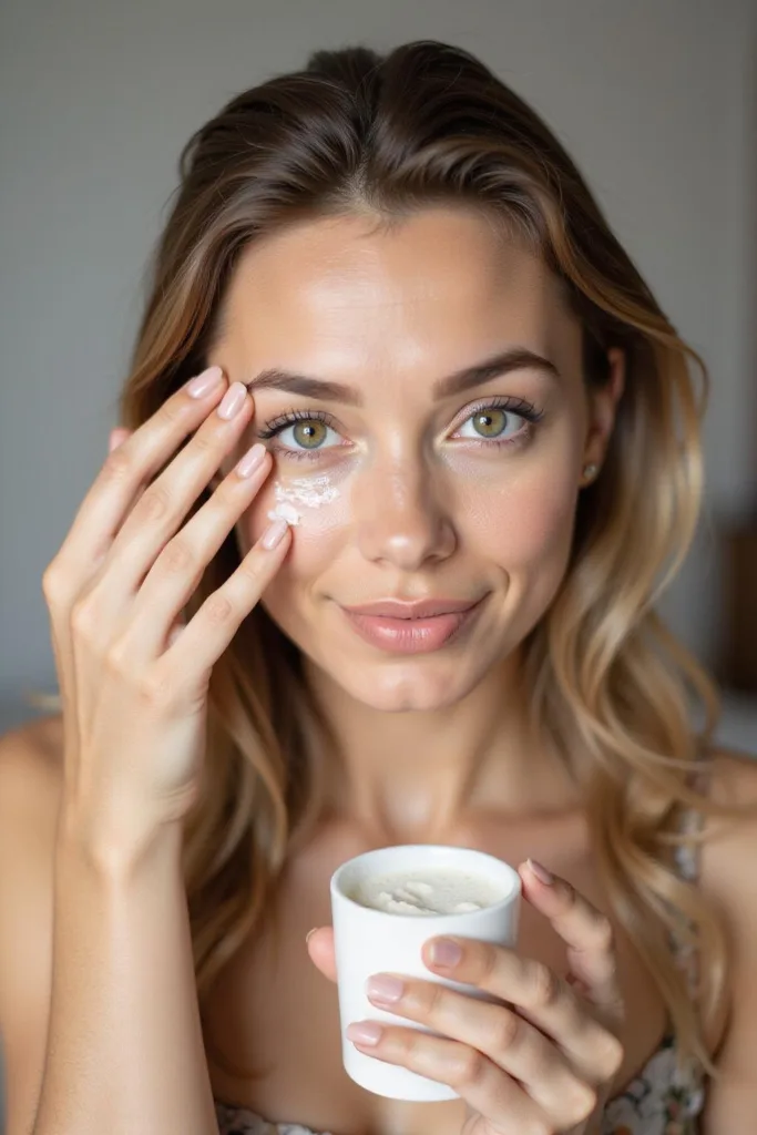 Femme appliquant un masque de soins naturels sous les yeux dans une salle de bain chaleureuse