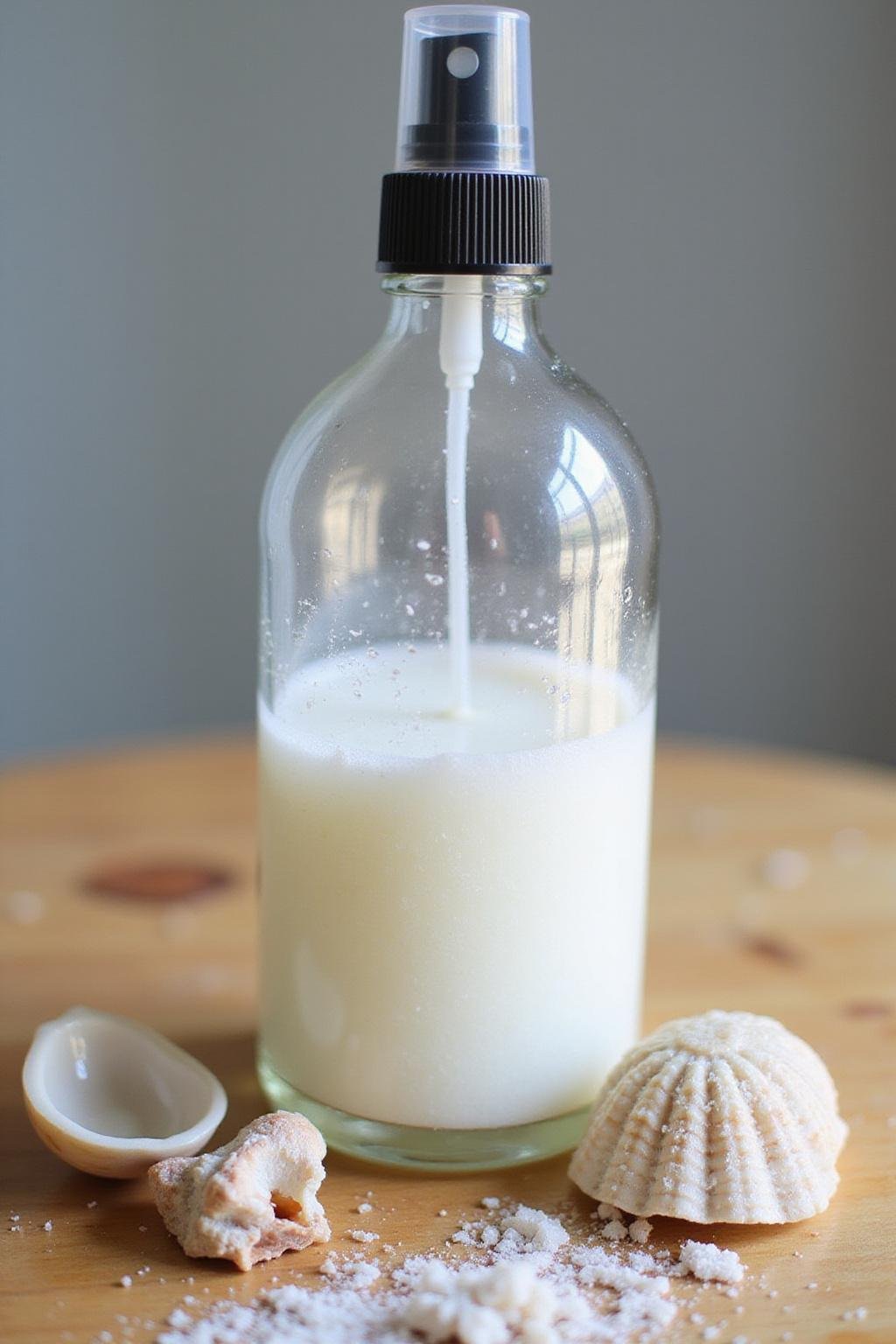Une bouteille en verre contenant une brume capillaire maison au sel de mer sur une surface en bois, accompagnée d'accessoires de plage