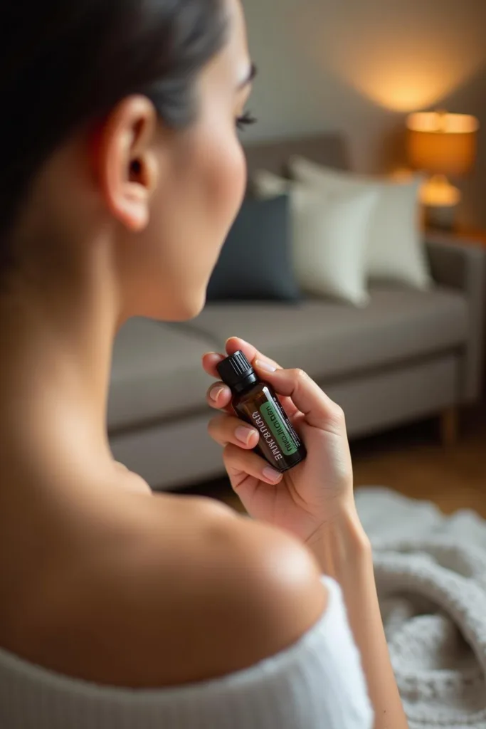 Personne appliquant un roller d'huiles essentielles pour soulager les douleurs musculaires dans un environnement relaxant