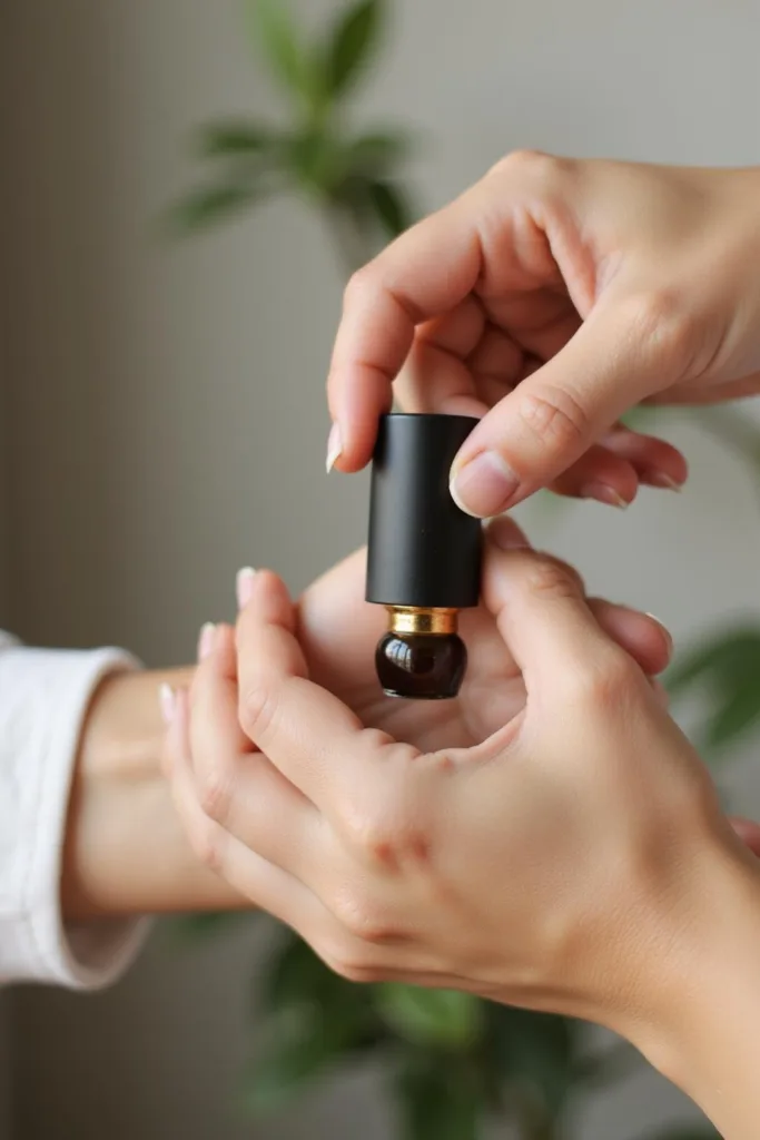 Personne appliquant délicatement un mélange d'huiles essentielles relaxantes sur le poignet dans un environnement naturel