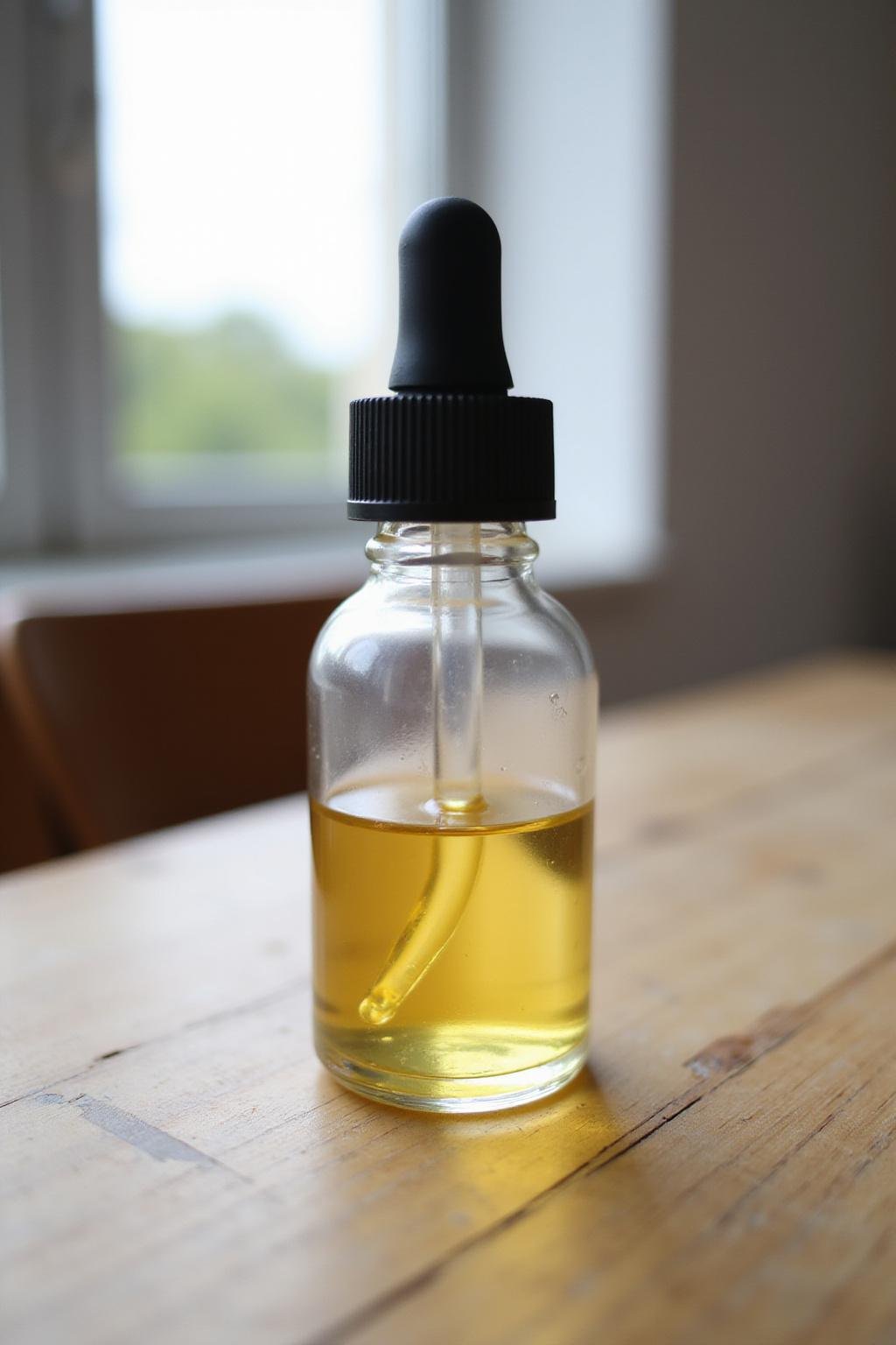 Sérum DIY pour la croissance des cils et des sourcils dans un flacon pipette en verre sur une table en bois, éclairage naturel