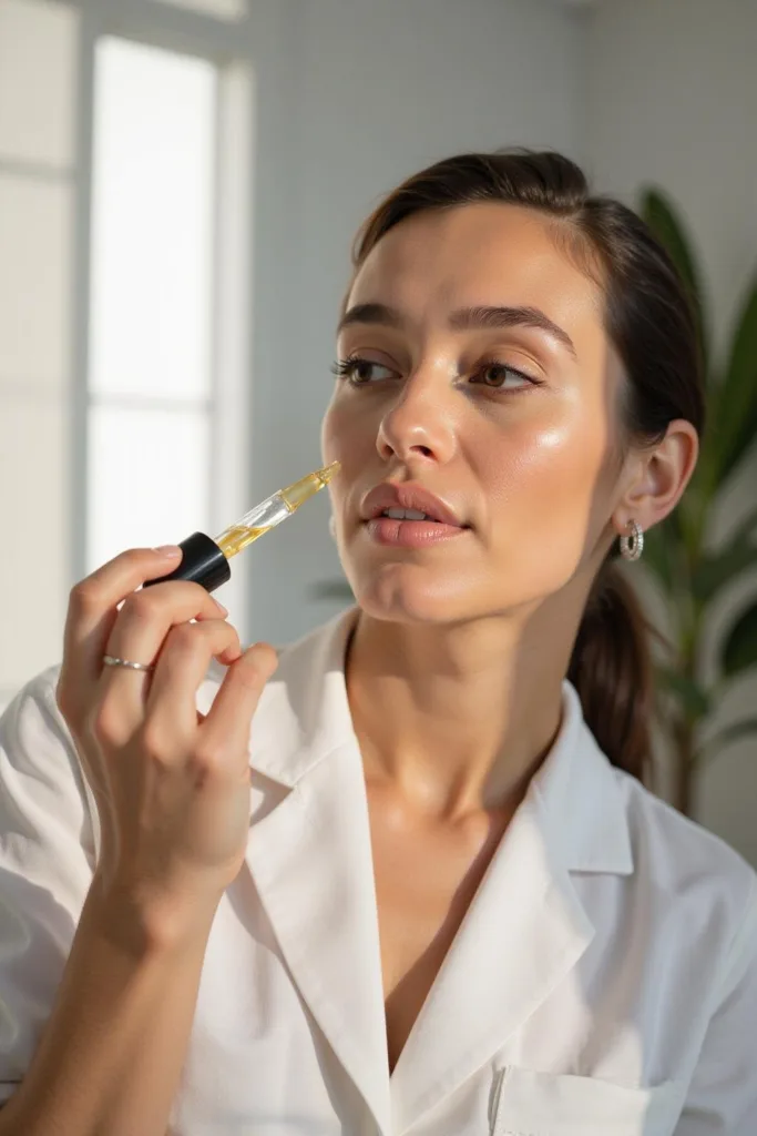 Femme appliquant un sérum visage DIY avec un compte-gouttes dans une salle de bain lumineuse pour une peau éclatante