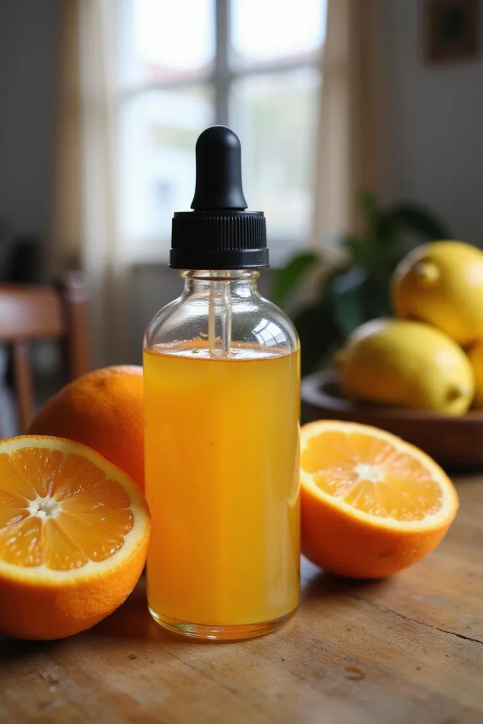 Sérum vitamin C fait maison dans une bouteille compte-gouttes avec des oranges et des citrons sur une table en bois