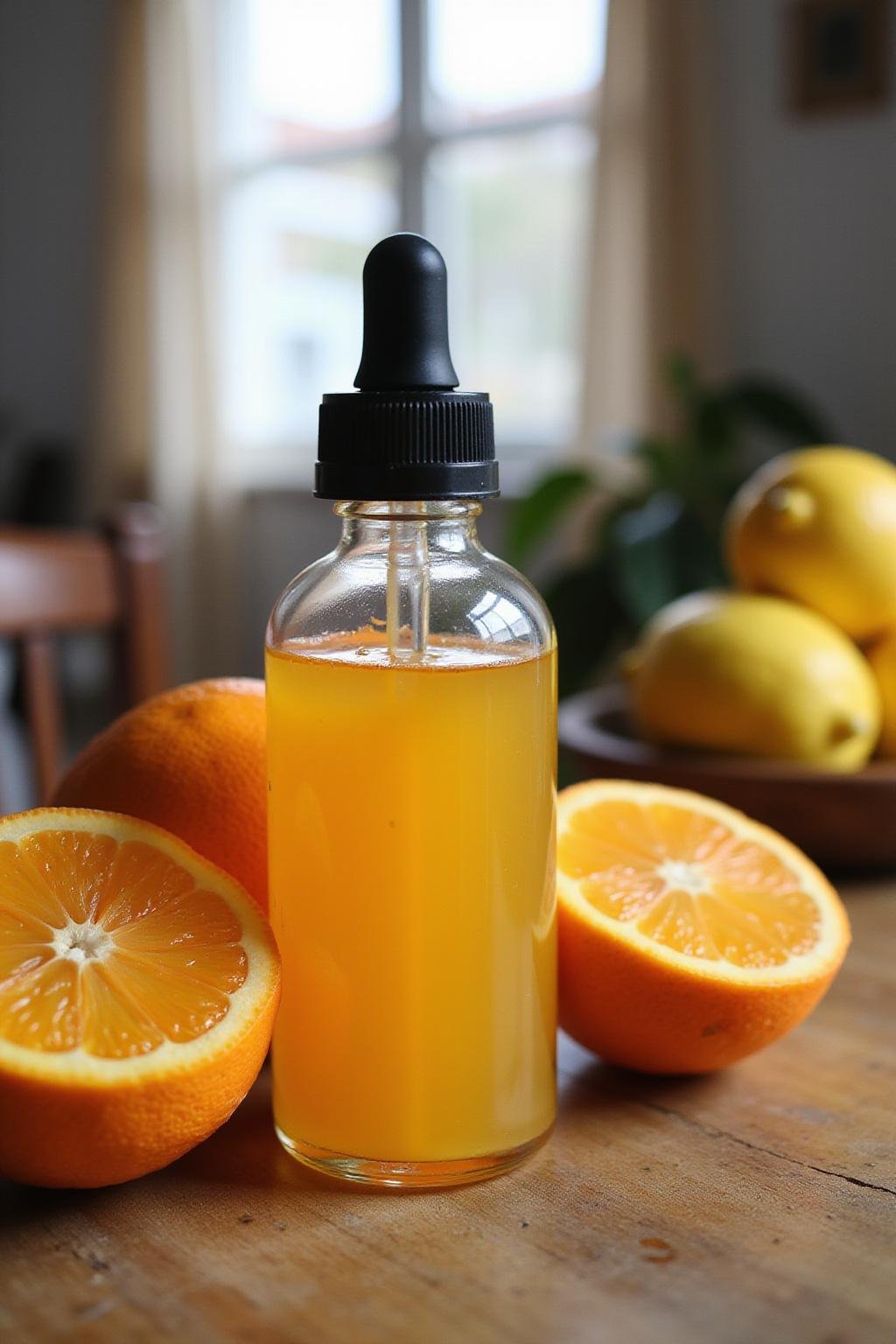 Sérum vitamin C fait maison dans une bouteille compte-gouttes avec des oranges et des citrons sur une table en bois