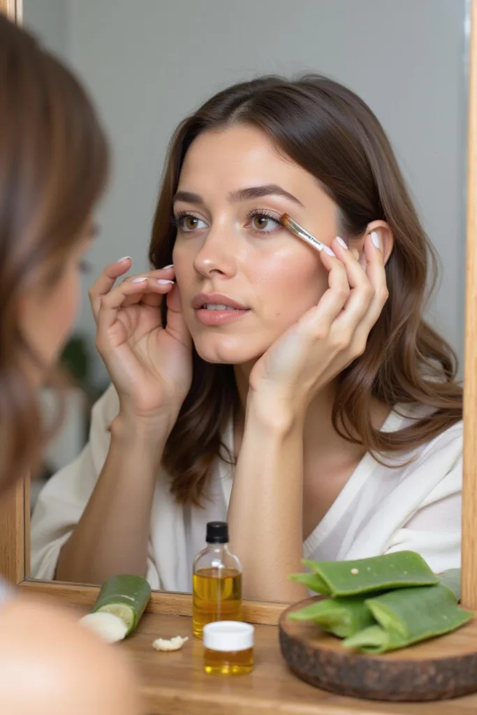 Femme appliquant un sérum pour cils fait maison avec des ingrédients naturels pour des cils plus longs et plus riches