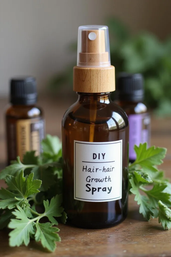 Flacon de spray pour la croissance des cheveux avec des ingrédients herbaux et un embout en bois sur une table en bois