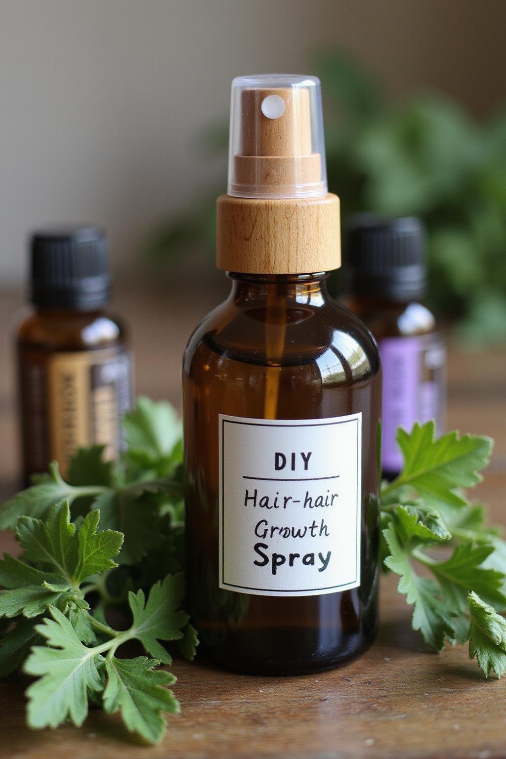 Flacon de spray pour la croissance des cheveux avec des ingrédients herbaux et un embout en bois sur une table en bois