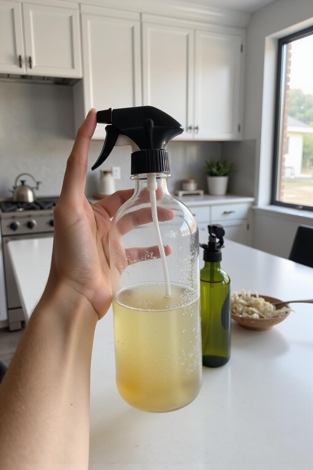 Main tenant un flacon de spray déodorant fait maison à l’huile de magnésium dans une cuisine, entouré d’huiles essentielles et d’huile de coco.