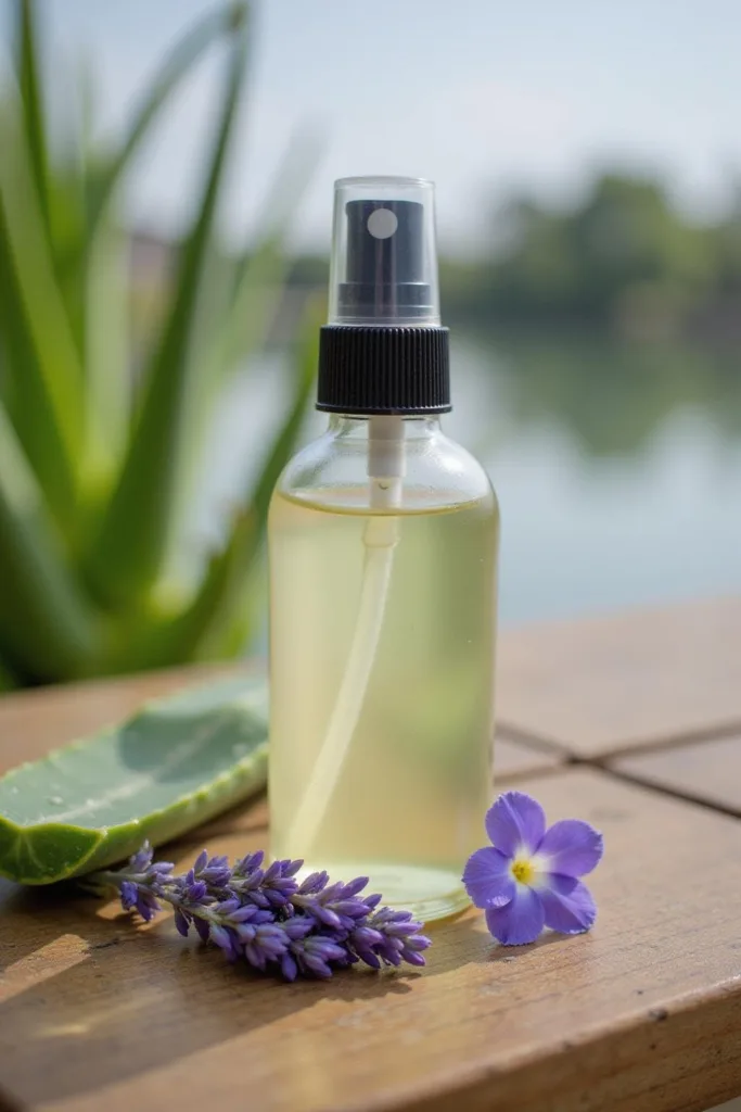 Flacon portable de spray après-soleil DIY avec aloe vera et fleurs de lavande sur une table en bois