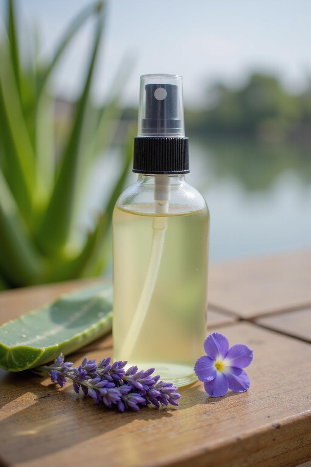 Flacon portable de spray après-soleil DIY avec aloe vera et fleurs de lavande sur une table en bois