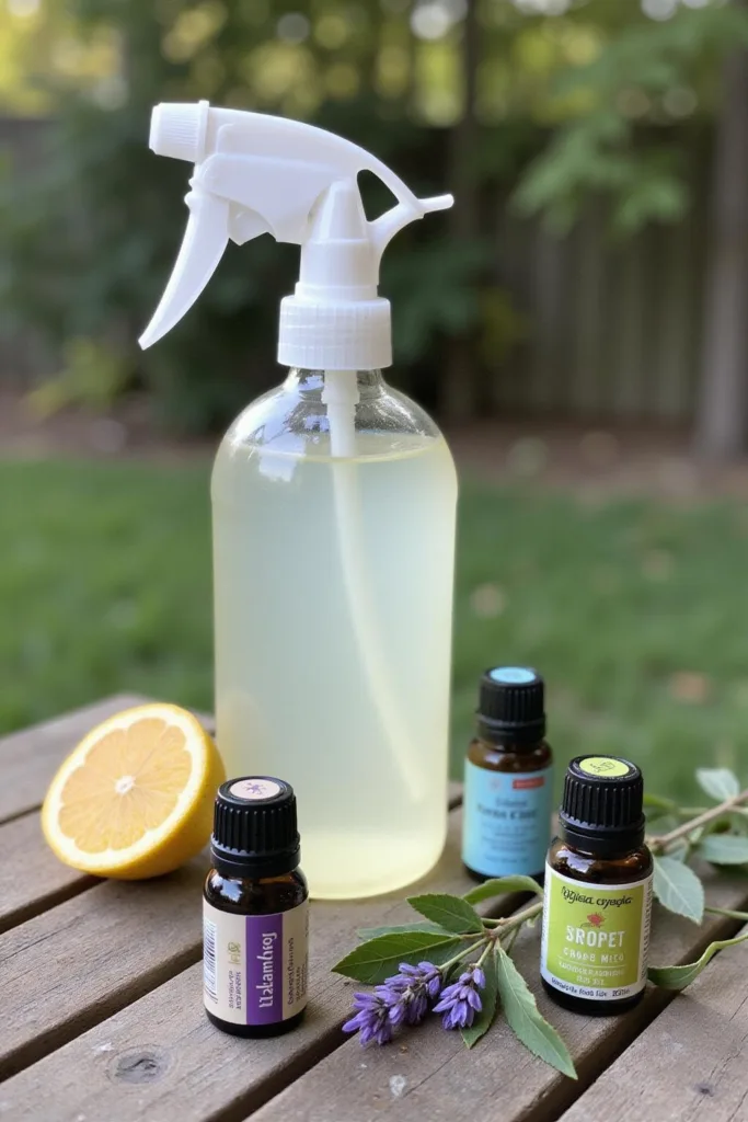 Spray répulsif naturel fait maison dans une bouteille en verre avec huiles essentielles et ingrédients végétaux sur une surface en bois