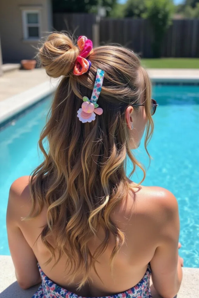 Femme aux cheveux ondulés longs avec un chignon tendance et des accessoires colorés, détendue au bord de la piscine sous le soleil
