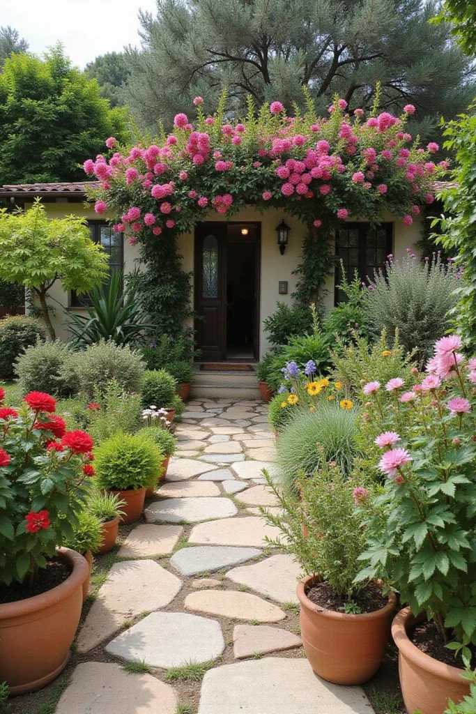 Jardin inspiré de la Méditerranée avec fleurs colorées, pots en terre cuite et sentiers en pierre évoquant le style toscan