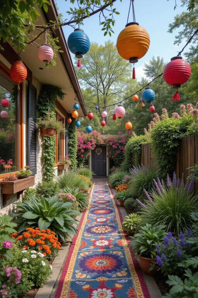 Un jardin extérieur coloré décoré avec des lanternes suspendues, des fleurs éclatantes et un style bohème pour un paradis hippie