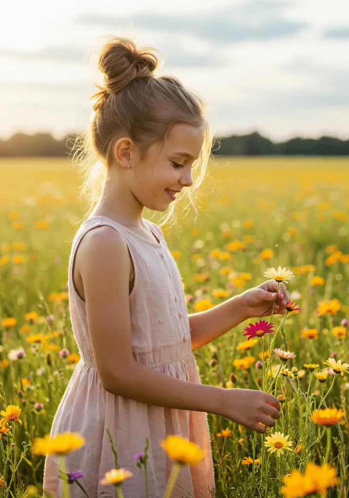 Jeune fille avec un chignon décoiffé profitant de l'été en plein air