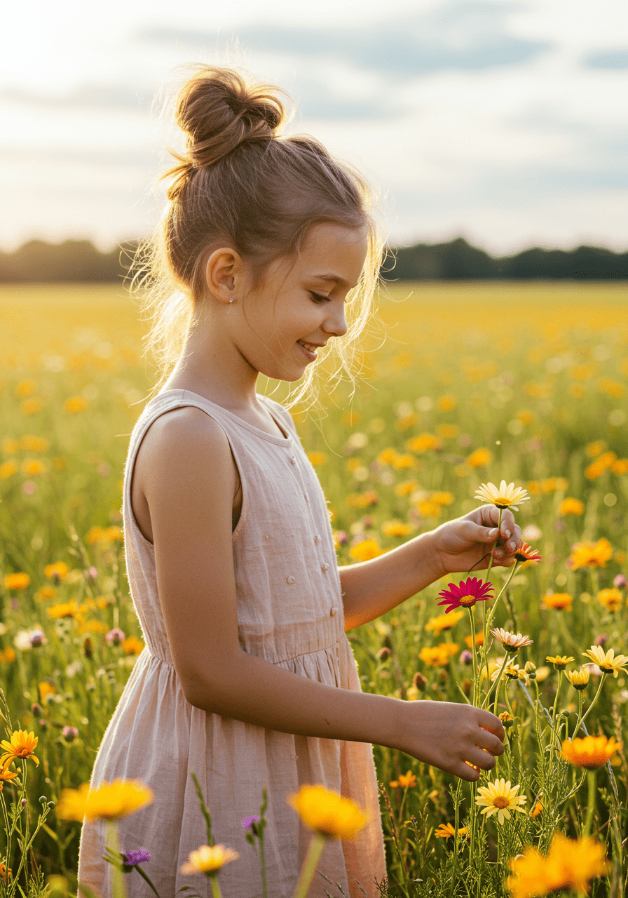 Jeune fille avec un chignon décoiffé profitant de l'été en plein air