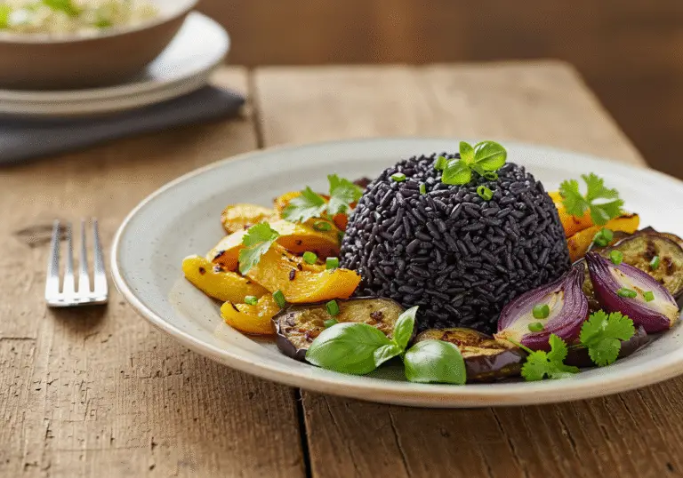 Présentation finale du riz noir cuit avec des légumes grillés, style rustique.