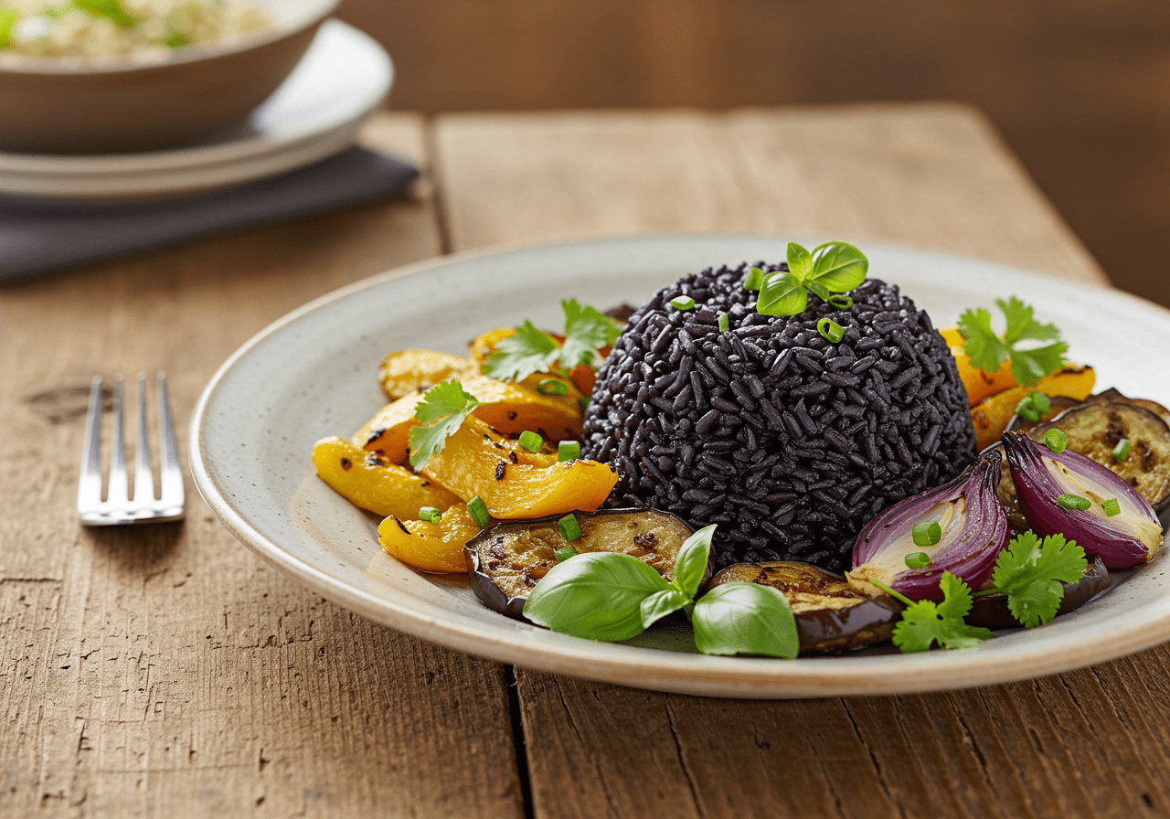 Présentation finale du riz noir cuit avec des légumes grillés, style rustique.