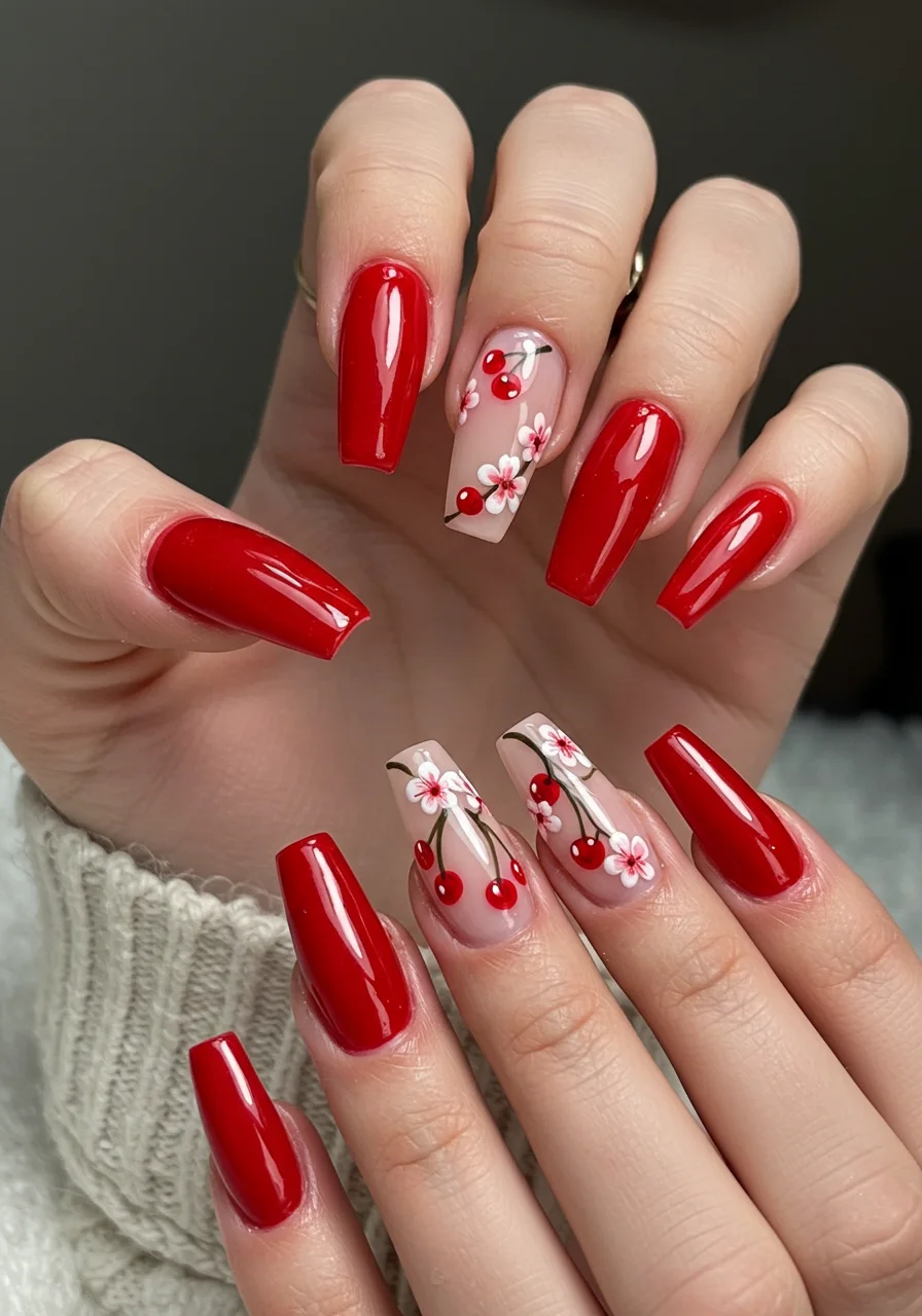 Ongles cerise tendance pour l'année 2025, avec un look frais et gourmand, parfait pour toutes les amateurs de nail art.