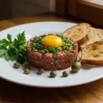 Elegant presentation of Steak Tartare with a quail egg on top, ideal for gourmet dining.