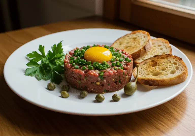 Elegant presentation of Steak Tartare with a quail egg on top, ideal for gourmet dining.