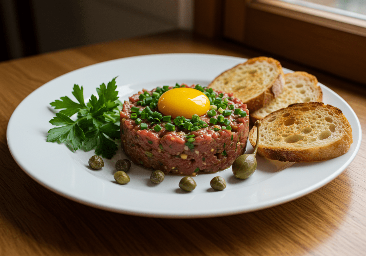Elegant presentation of Steak Tartare with a quail egg on top, ideal for gourmet dining.