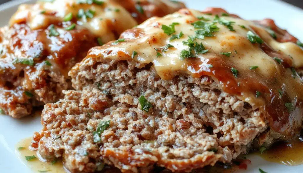 A savory meatloaf topped with a glossy tomato glaze, sliced to reveal a moist, seasoned interior. It rests on a white platter garnished with fresh herbs, with a side of mashed potatoes and green beans in the background.