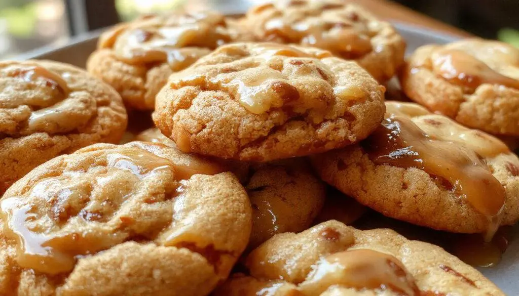 Golden-brown apple cider caramel cookies arranged on a rustic wooden serving tray, with caramel drizzles and apple slices beside them. The cookies have a slightly cracked surface, revealing a gooey caramel center, and are topped with a light sprinkling of sea salt. The background features autumn leaves and a warm, cozy atmosphere.