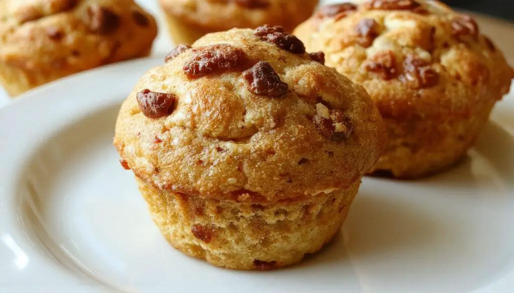 A close-up of golden-brown apple cinnamon muffins arranged on a rustic wooden platter, showcasing crackled tops sprinkled with cinnamon sugar and visible chunks of apple inside. The muffins are garnished with a light dusting of cinnamon and served with a cup of coffee in a cozy setting.