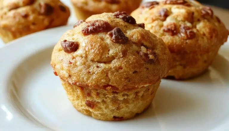 A close-up of golden-brown apple cinnamon muffins arranged on a rustic wooden platter, showcasing crackled tops sprinkled with cinnamon sugar and visible chunks of apple inside. The muffins are garnished with a light dusting of cinnamon and served with a cup of coffee in a cozy setting.