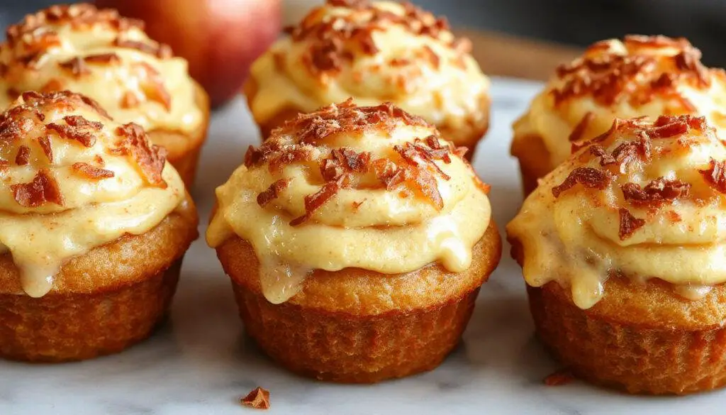 Golden-brown apple pie cupcakes topped with a flaky crust and sprinkled with cinnamon sugar, arranged on a rustic wooden platter with caramel drizzle and caramelized apple slices on the side.