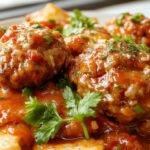 A close-up of a plate of golden-brown Italian meatballs garnished with fresh basil and served over a bed of spaghetti with marinara sauce. The meatballs have a slightly crispy exterior and moist interior, with visible herbs and seasoning. The dish is arranged elegantly on a white porcelain plate, highlighting the rich red sauce and vibrant green herbs.