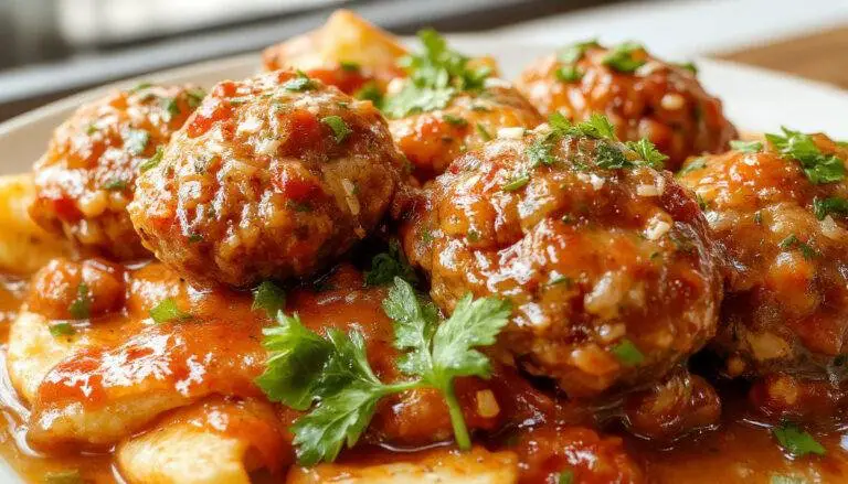A close-up of a plate of golden-brown Italian meatballs garnished with fresh basil and served over a bed of spaghetti with marinara sauce. The meatballs have a slightly crispy exterior and moist interior, with visible herbs and seasoning. The dish is arranged elegantly on a white porcelain plate, highlighting the rich red sauce and vibrant green herbs.