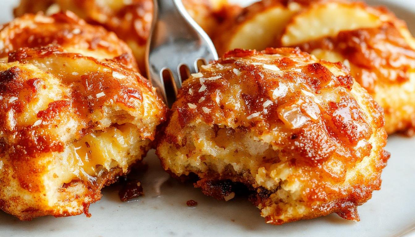 Golden-brown apple fritters with a crispy exterior, shown in a cluster on a rustic wooden plate. Sliced apples are visible inside, with a dusting of powdered sugar and drizzles of caramel sauce. The background features a cozy kitchen setting with a fork and a few apple slices nearby.