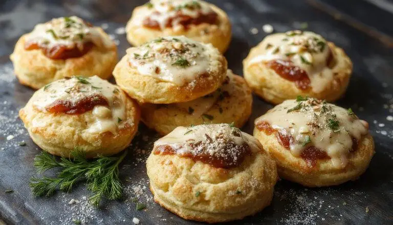 Biscuits apéritifs dorés et croustillants garnis de morceaux visibles de chorizo rouge et fromage Emmental fondu, présentés sur une serviette blanche avec quelques petits feuilles vertes en arrière-plan, mettant en valeur leur texture moelleuse et appétissante.