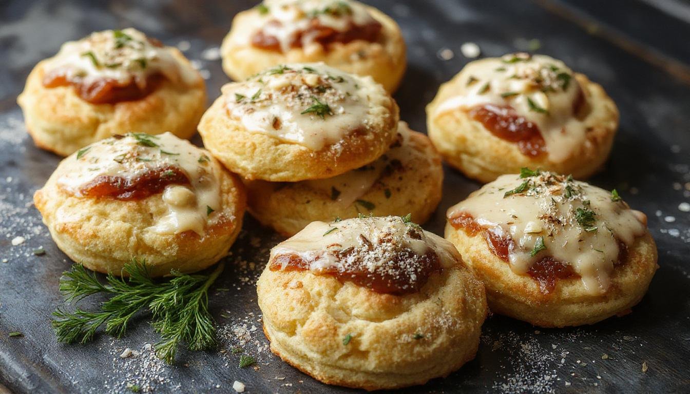 Biscuits apéritifs dorés et croustillants garnis de morceaux visibles de chorizo rouge et fromage Emmental fondu, présentés sur une serviette blanche avec quelques petits feuilles vertes en arrière-plan, mettant en valeur leur texture moelleuse et appétissante.