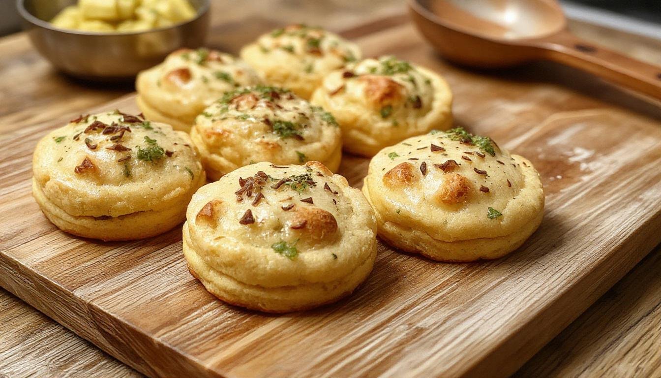 Gros plan sur des biscuits apéritifs dorés, croustillants, garnis d'une fine couche de moutarde et de morceaux fondants de comté, présentés sur une assiette en bois.