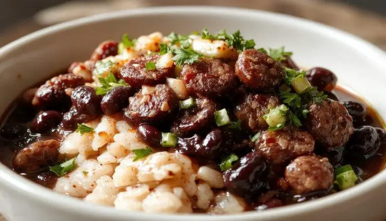A vibrant plate featuring black beans and fluffy white rice topped with sliced sausage and fresh herbs. The dish is garnished with chopped cilantro and a lime wedge, presented in a rustic bowl on a wooden table.