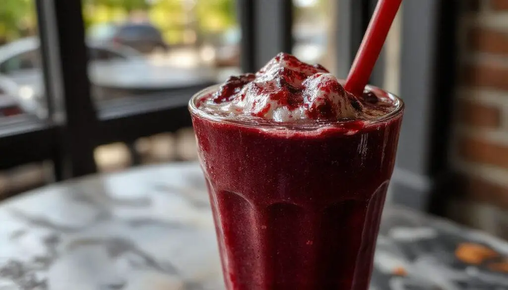 A tall, clear glass filled with a deep crimson red wine milkshake topped with whipped cream and a sinister red cherry. The glass is garnished with a thin slice of red fruit on the rim, contrasting against the dark shake. The background features a dark, spooky Halloween-themed setting with subtle orange and black decorations, evoking a festive yet eerie atmosphere, highlighting the rich texture and vibrant color of the drink.