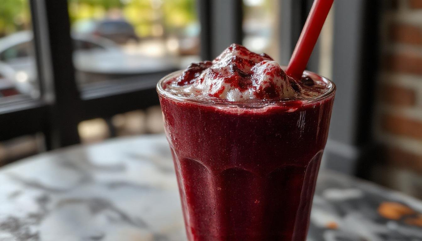A tall, clear glass filled with a deep crimson red wine milkshake topped with whipped cream and a sinister red cherry. The glass is garnished with a thin slice of red fruit on the rim, contrasting against the dark shake. The background features a dark, spooky Halloween-themed setting with subtle orange and black decorations, evoking a festive yet eerie atmosphere, highlighting the rich texture and vibrant color of the drink.