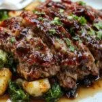 A neatly sliced vegetable meatloaf showcasing a golden-brown crust on top with visible diced vegetables inside, served on a white plate with a glossy balsamic glaze drizzled over it, garnished with fresh herbs and accompanied by roasted vegetables in the background.