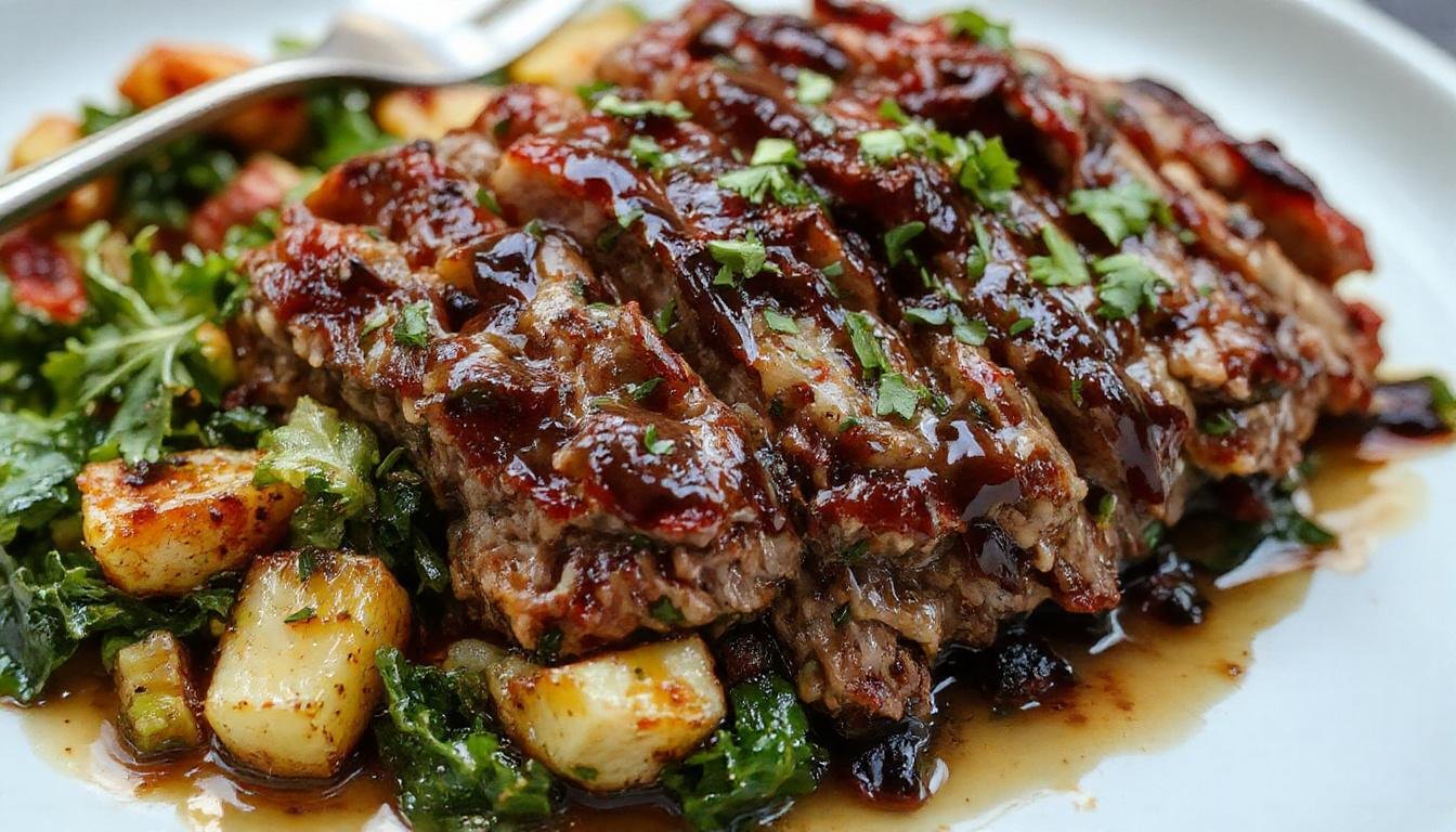 A neatly sliced vegetable meatloaf showcasing a golden-brown crust on top with visible diced vegetables inside, served on a white plate with a glossy balsamic glaze drizzled over it, garnished with fresh herbs and accompanied by roasted vegetables in the background.