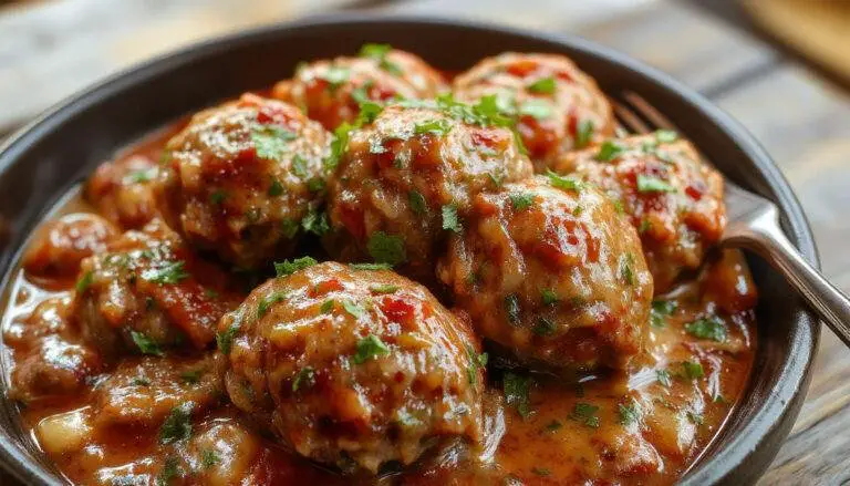 A close-up of a rustic plate featuring golden-brown Italian meatballs generously coated in rich marinara sauce, garnished with fresh basil leaves, with a side of crusty bread and grated Parmesan. The meatballs have a slightly crispy exterior with a moist interior, arranged artfully on the plate.