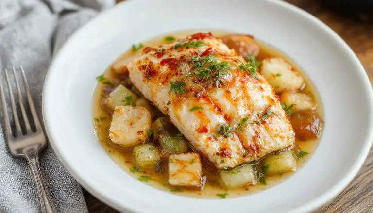 Une assiette élégante contenant des morceaux tendres de bœuf sauté aux oignons caramélisés, garnie de fines herbes, avec une sauce brillante et une présentation soignée sur une plaque en bois rustique.