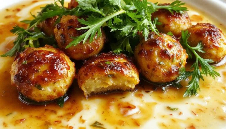 Une assiette de boulettes de courgettes dorées et croustillantes, nappées d'une sauce légère, garnies de persil frais, présentées sur une table en bois clair avec une touche de vert et de jaune en arrière-plan.