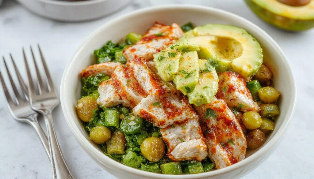 Un bol coloré rempli de riz blanc moelleux, tranches de poulet doré, avocat mûr en tranches vertes, et un mélange de légumes croquants, le tout présenté dans un bol élégant avec des herbes fraîches en garniture.