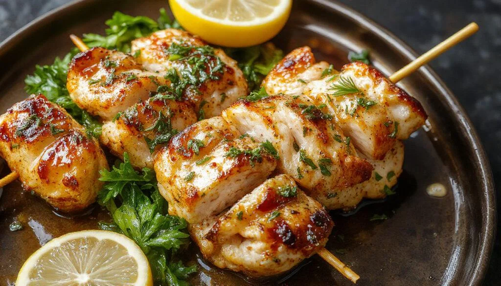 Une assiette présentant des brochettes de poulet marinées au citron et thym, grillées à la perfection, avec des quartiers de citron et des brins de thym frais en garniture, présentation élégante sur une planche de bois rustique, accompagnée d'une sauce verte légère.