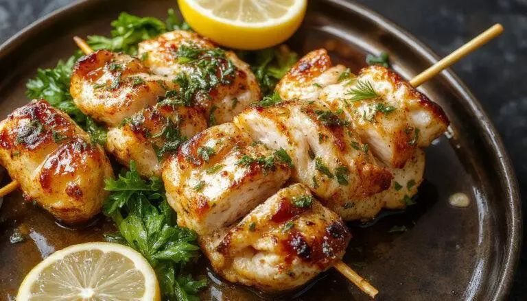 Une assiette présentant des brochettes de poulet marinées au citron et thym, grillées à la perfection, avec des quartiers de citron et des brins de thym frais en garniture, présentation élégante sur une planche de bois rustique, accompagnée d'une sauce verte légère.