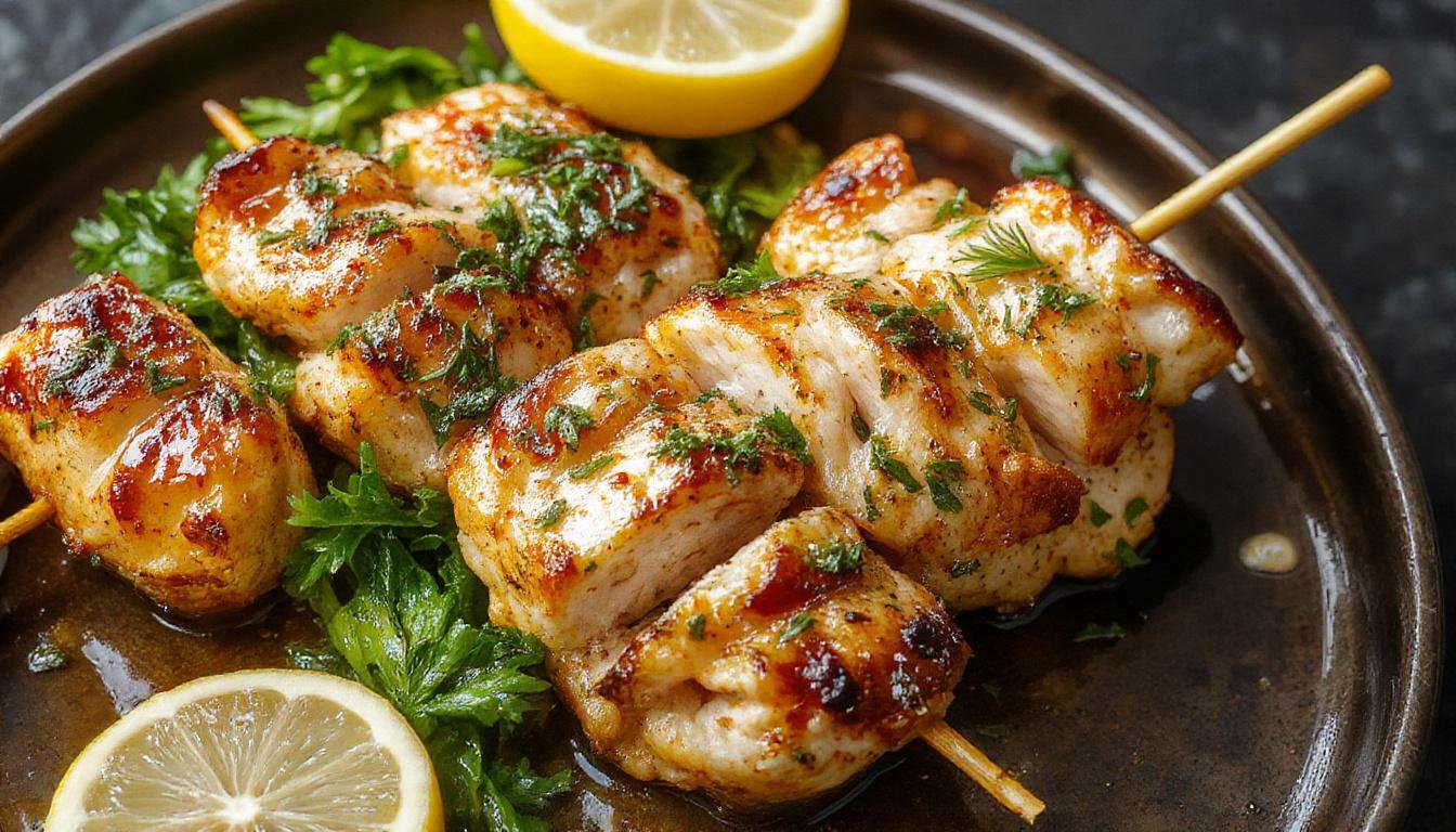 Une assiette présentant des brochettes de poulet marinées au citron et thym, grillées à la perfection, avec des quartiers de citron et des brins de thym frais en garniture, présentation élégante sur une planche de bois rustique, accompagnée d'une sauce verte légère.