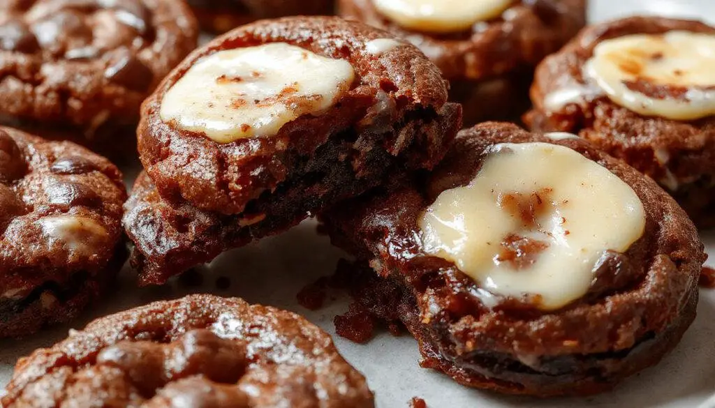 A close-up of a freshly baked Brown Butter Brookie cut into squares, displaying a marbled swirl of chocolate and cookie dough with a shiny golden brown crust on top, placed on a rustic wooden surface with a few scattered chocolate chips and a drizzle of caramel.